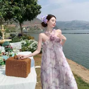 마킷5 원피스 여친 하계 롱스커트 프린트 바캉스 홀터넥 해변 쉬폰원피스 비치 JEN2