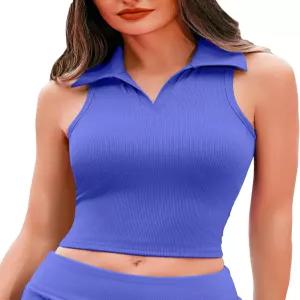 하이미유 여성 운동 크롭탑 내장 브라 리브드 탱크탑 캐주얼 민소매 칼라 셔츠 패딩 스포츠 요가 조끼