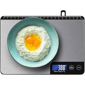 33파운드 디지털 주방 저울 대형 계량 구역(9인치), DIYife 전문 전자 식품 저울, 스테인리스 가정용 터치 컨트롤, LCD 디스플레이, 걸이식, 6개 유닛, 타레, 배터리 포함