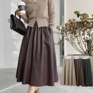 가죽치마 레더스커트 허리 밴딩 고무줄 가을 겨울 A라인 플레어 롱스커트 절개 풀 햅번치마1191755