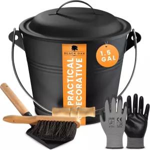 블랙 오크 애쉬 버킷 피톤 1.5 갤런 - 뚜껑이 있는 나무 손잡이 브러시 삽 장갑 5L 대형 강철 내화 아연