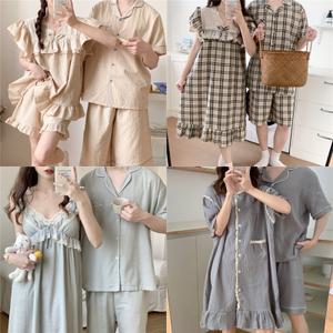 러빙리 커플 잠옷 여름 반팔 홈웨어 남성 여성 요루면 원피스 순면 파자마 상하세트