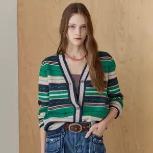 [MAXZA] 도트 라인 컬러블록 브이넥 니트 가디건