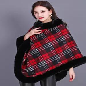 여성 케이프 코트 퍼 양모 망토 플레드 클로크 숄 가을 겨울 벨벳 코트