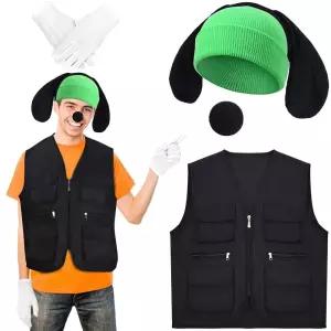 JcHrmers 5피스 할로윈 강아지 코스튬 만화 캐릭터 코스튬, 녹색 비니 모자, 귀 머리띠 포함, 코 블랙 조끼