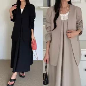빅사이즈 여성 자켓 롱원피스 세트 노카라 정장 투피스 루즈핏 체형커버 하객룩 롱원피스