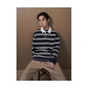 에잇세컨즈 8SECONDS 피케조직 스트라이프 칼라 티셔츠 네이비 253029