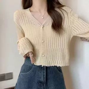 얇고 가벼운 여성 브이넥 펀칭 크롭 간절기 가디건