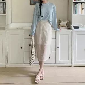 [다잇템] 여성 클래식 땡땡이 슬릿 봄여름 롱 비침 중간 스커트
