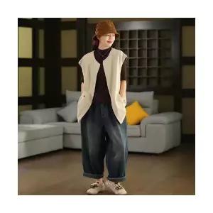 여자 롱 가디건 카디건 가을 빈티지 린넨 조끼 라운드 하프 기장 상의 ST3