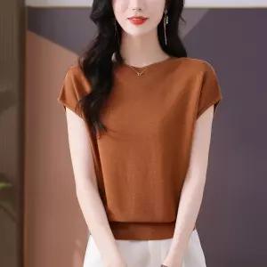 픽호샵 여성 니트 하계 키작녀 롱루즈핏티 아이스 반팔티 엄마룩 루즈핏 슬림핏 라운드 얇은 탑 꾹2