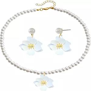 드뢰예트 보헤미안 데이지 꽃 귀걸이 여성용 목걸이 세트 보호 레이어드 매트 롱 꽃잎 앙증맞은 플로럴