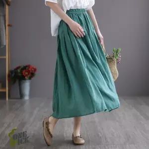 스커트 여자 빈티지 라인 봄여름 빅사이즈 이중 순색 밴딩 면사 OP1