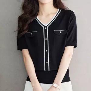 면 니트 여름 얇은 티 브이넥 반팔 여자니트 원템2