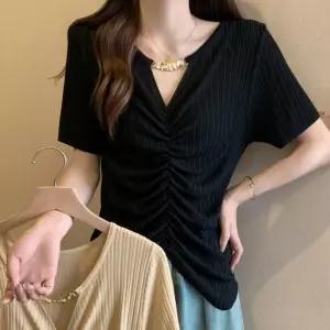 니트 캐주얼 여름 티 셔츠 셔링 T 브이넥 두께 V넥 반팔 여자니트 얇은 원템2