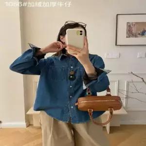 청 여성 빈티지 러블리 터틀넥 기모 체크 순정 셔츠 블레이저 싱글 소매 무지데님 다올1