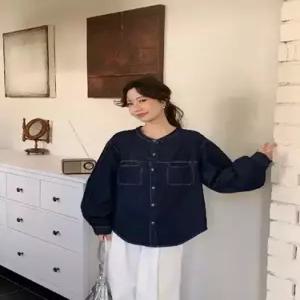 여성용 청 빈티지 순정 러블리 무지데님 투포켓 라운드 싱글 블레이저 셔츠 다올1