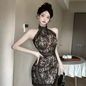 원피스 치마 미니 빈티지 여름 펀칭 오프숄더 드레스 홀터넥 프렌치 레이스 슬림 ible2