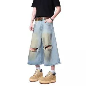 여름 캐주얼 바지 남자 청반바지 짧은 청바지 찢청 부 스트레이트 반 admr2