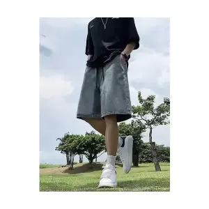 청반바지 남성 짧은 청바지 빈티지 별 하늘색 데님 반바지 여름 얇은 통기성 허리밴딩 일자 부 바지 admr2