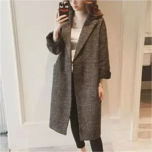 [의류] 클래식 브라운 아우터 여성 롱코트 모직 체크코트 코트