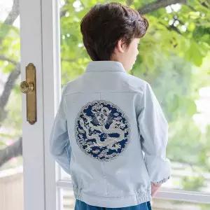 [하랑한복] 청운뎅이 아동 한복 점퍼 공용 블루 자수 간절기 어린이 생활한복 아우터