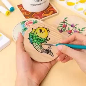 [문구티쳐] 민화 원목나무컵받침 3개 1세트 6종 코스터 컵받침 DIY 원목 우드티코스터 k-컬쳐 까치와호랑이 단청 물고기 꽃 도안색칠하기 