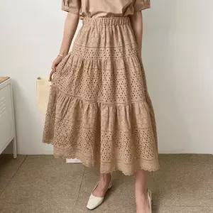 여성 밴딩 무지 펀칭 a라인 면 롱스커트 편한 코튼 플레어 치마