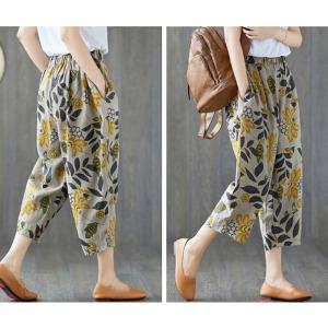 린넨 밴딩 쿨 바지 배기 프린트 팬츠 천연 면 마 시원한 가벼운 편안한 여름 글로벌와이