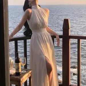 [하프클럽/ ]여자 촬영 트임 잔주름 롱드레스 트립 원피스