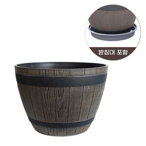 (코어무역) 플라스틱 오크통 화분 플분 나무 모형 빈티지 분갈이 원형화분 37.5x26.5cm 받침대 포함