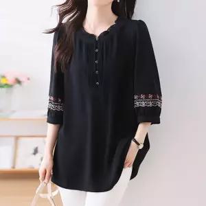 [퀸이즈][퀸이즈] [99까지]빅사이즈 데트 소매패턴 레이스넥 블라우스