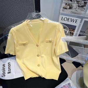 여성 옐로우 노란색 여름 반팔 상의 가디건 니트 모임 단추 정장 출근 브이넥 크롭 카디건