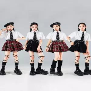 주니어 교복 방송 댄스복 아동 여아 초등학생 체크 넥타이 댄스의상 걸스힙합