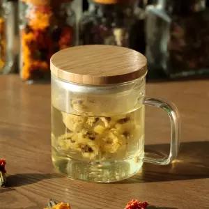 우드커버 내열유리 거름망 티머그 360ml/머그컵/내열/유리잔/투명/유리컵/찻잔/물컵/손잡이/머그/컵덮개