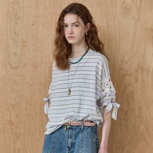 [MAXZA] 레이스 배색 리본소매 스트라이프  블라우스