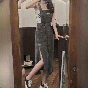 데님 스커트 청치마 라인 롱 멜빵 하이웨스트 서스펜더 웨이스트 트임 옆 청 캐주얼 원피스