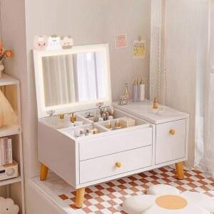 좌식 LED 거울 서랍 탁상 공주 귀여운 낮은 정리대 화장대 미러 좌식화장대