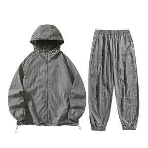 [위즈아이]남성 여름 남녀공용 바람막이 트레이닝 세트 경량 후드 집업 조거 팬츠 러닝 조깅 WI128SET