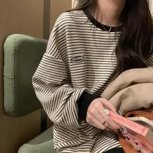 여자 아이보리 오버핏 루즈핏 스트라이프 맨투맨 라운드넥 봄 가을 데일리 긴팔티