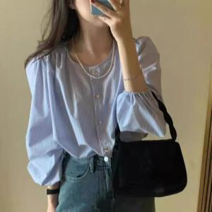 프란넬 날씬한 봄 여름 시원한 블루 색감의 예쁜 블라우스 스트라이프 무늬