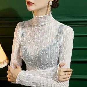 여성 레이어드 이너 시스루 긴팔티 블라우스 반폴라티