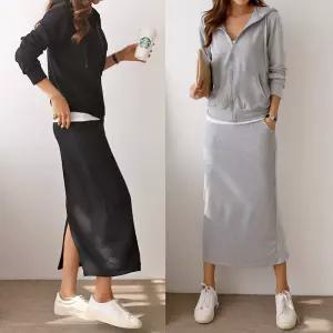 여성 면 쭈리 스판 후드집업 롱스커트 세트 11SST0030 빅사이즈 루즈핏 오버핏 봄