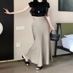 [라일리여성의류] Rly 페미닌 여자 플레어 밴딩 허리 3 새틴 롱스커트