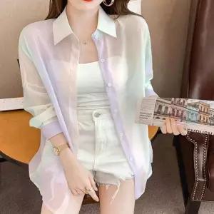 [라일리여성의류] Rly 파스텔 여자 셔츠 캔디 가디건 시스루 레인보우