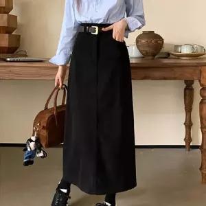 [D더블유]여성 트임 골덴 코듀로이 롱 벨트 스커트