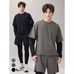 [아웃도어스/에버라스트]에버라스트 남자 러닝크루 세트 레이어드티+반바지레깅스