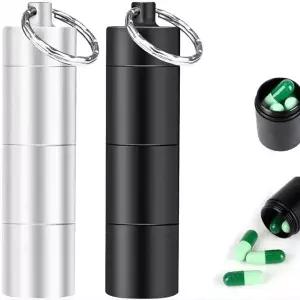 호환  1Pcs 휴대용 알루미늄 생존 방수 알약 상자 컨테이너 의학 보관 케이스 열쇠 고리와 응급 처치 병