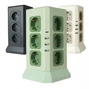 고용량 타워형 멀티탭 AC 12구 USB 2구 C타입 1구 2M 원터치 전원차단버튼 난연 3,520w 지원