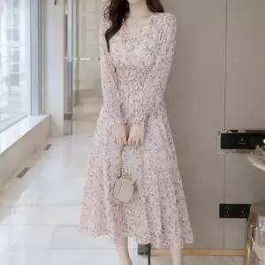 봄 여름 가을 꽃무늬 롱원피스 스모크 밴딩 쉬폰원피스 슬림핏 롱스커트 드레스